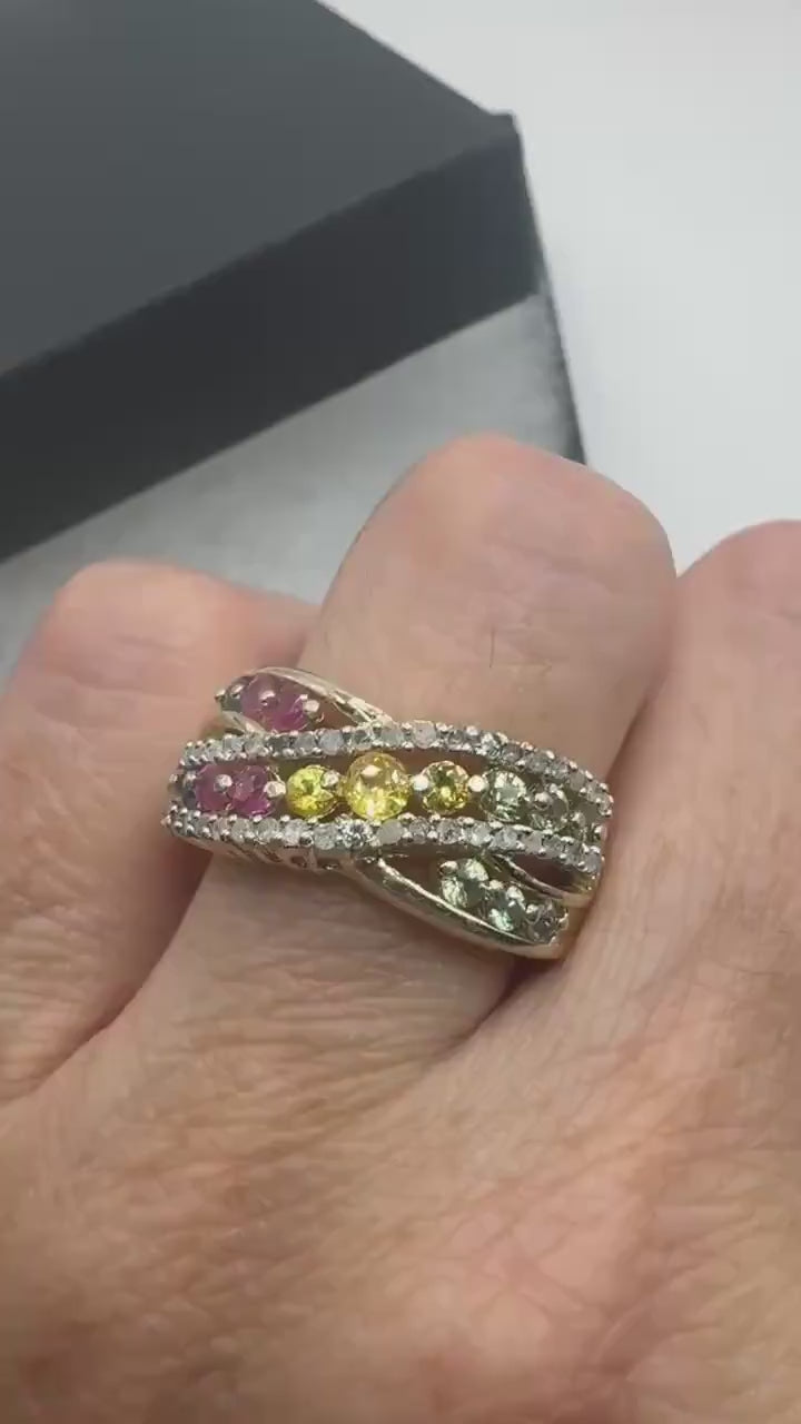 Vintage Toumaline Diamond Golden 925 Sterling Silver Band Ring
