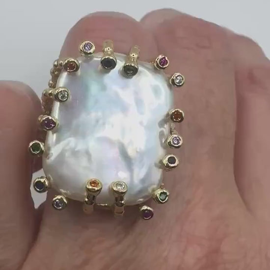 Vintage Biwa Pearl Ring Golden 925 Sterling Silver Cocktail Statement Adjustable