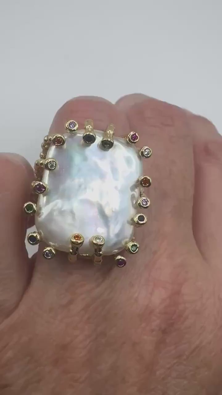 Vintage Biwa Pearl Ring Golden 925 Sterling Silver Cocktail Statement Adjustable