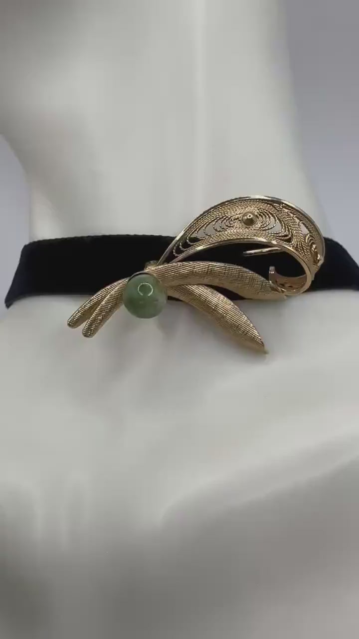 Vintage Green Jade Yellow Golden Filled Brooch Pin | black velvet choker