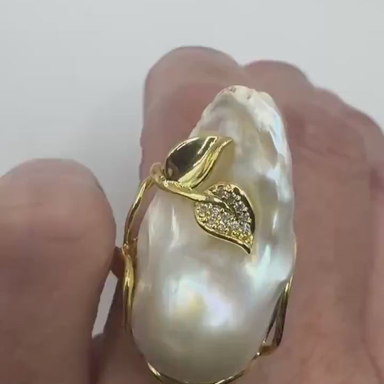 Vintage Biwa Pearl Ring Golden 925 Sterling Silver Cocktail Statement Adjustable