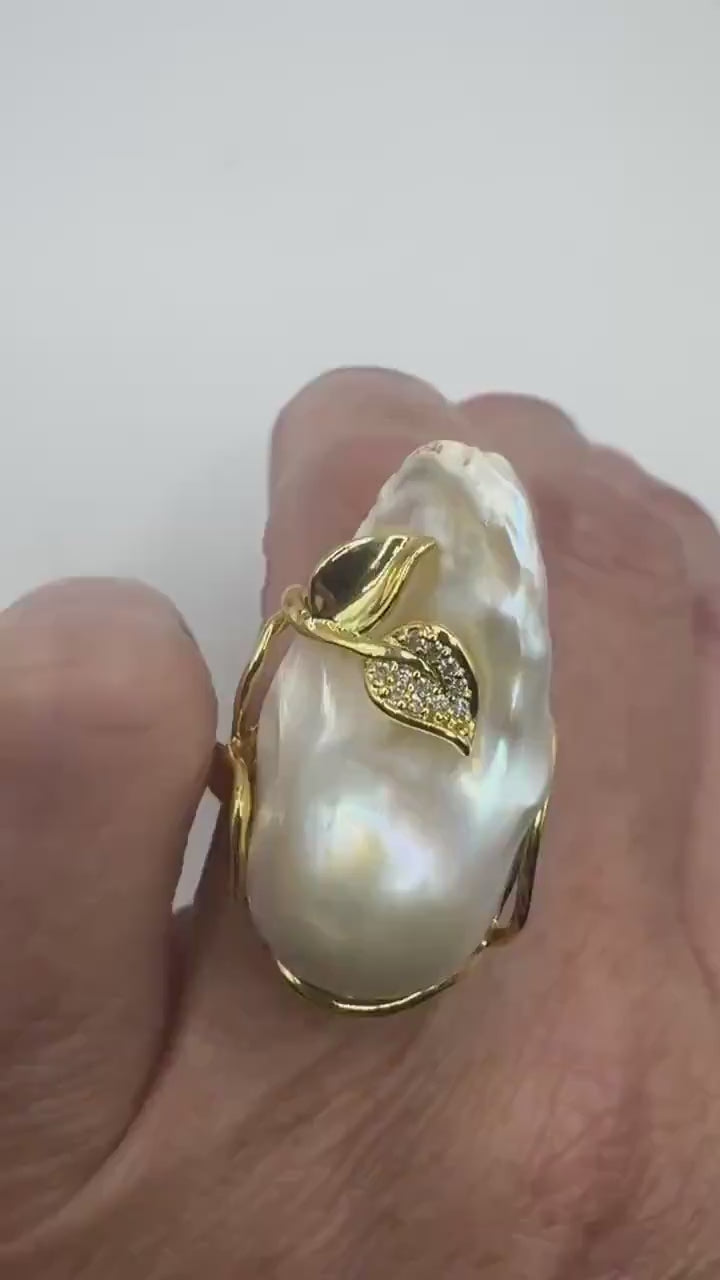 Vintage Biwa Pearl Ring Golden 925 Sterling Silver Cocktail Statement Adjustable