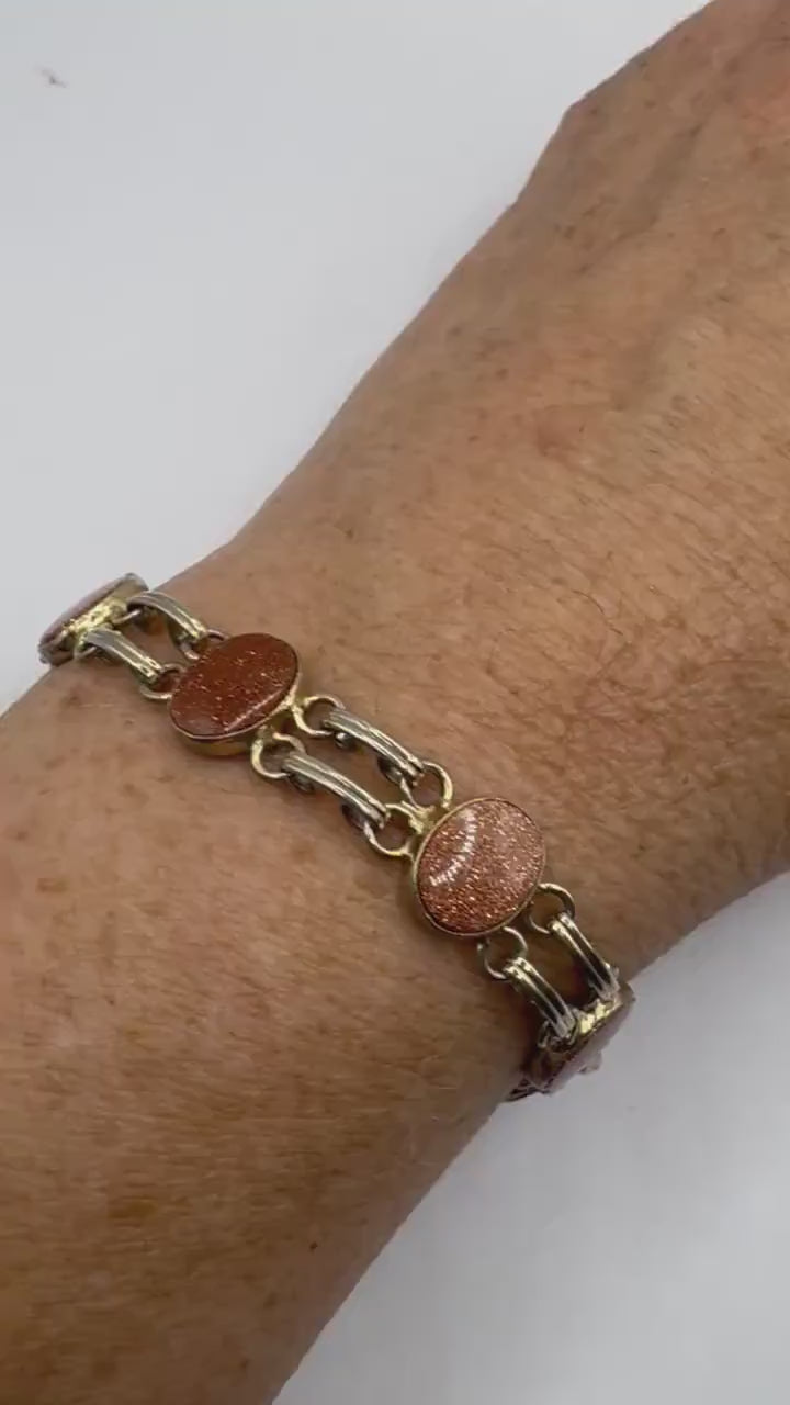 Vintage goldstone Silver Statement Chain Bracelet