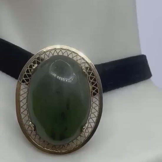 Vintage Green Jade Yellow Gold Filled Brooch Pin