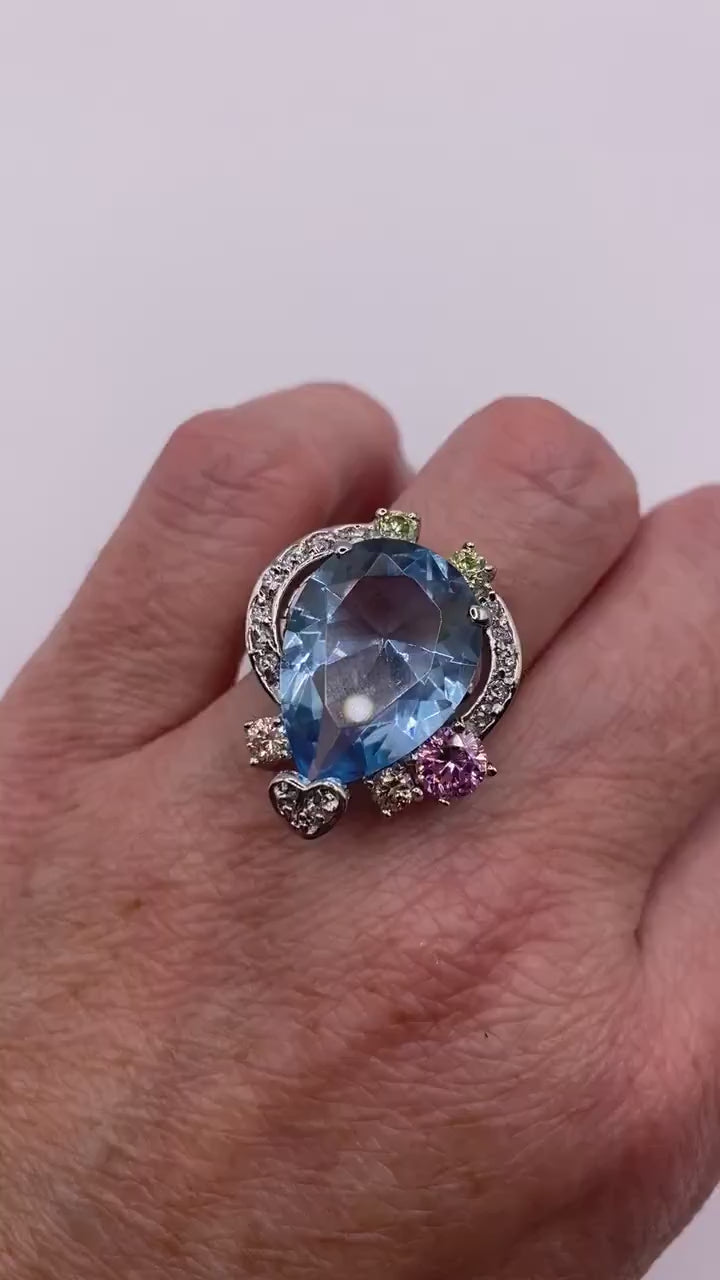 Vintage Genuine Blue Topaz 925 Sterling Silver Statement Chunky Ring