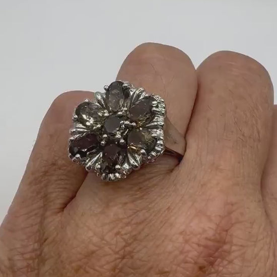 Vintage Genuine Smoky Topaz 925 Sterling Silver Flower Cocktail  Ring