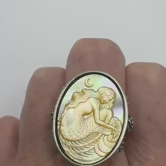 Vintage Mermaid Abalone Cameo 925 Sterling Silver Ring