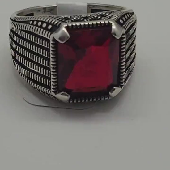 Vintage Ruby Glass Men's Ring - Modern Sterling Silver Band