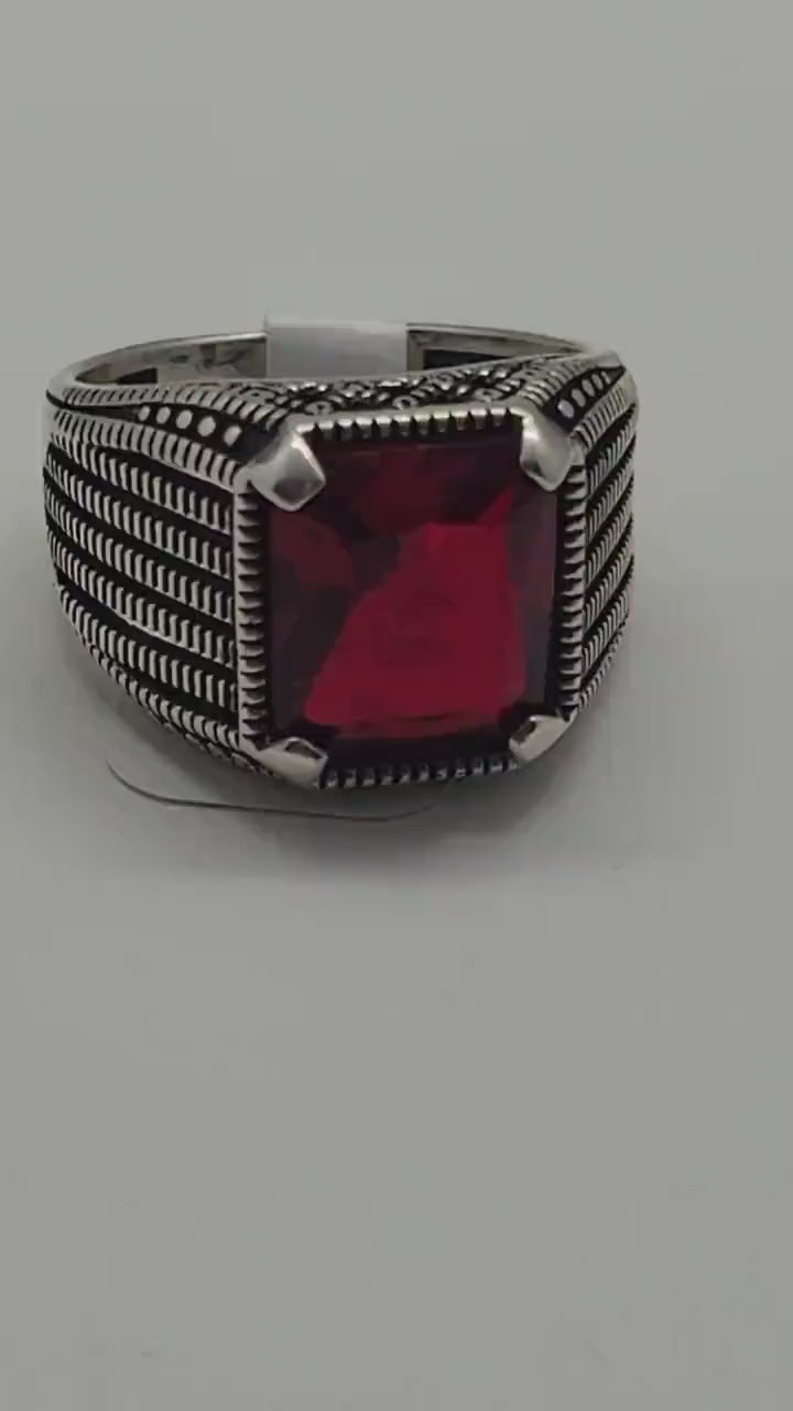 Vintage Ruby Glass Men's Ring - Modern Sterling Silver Band