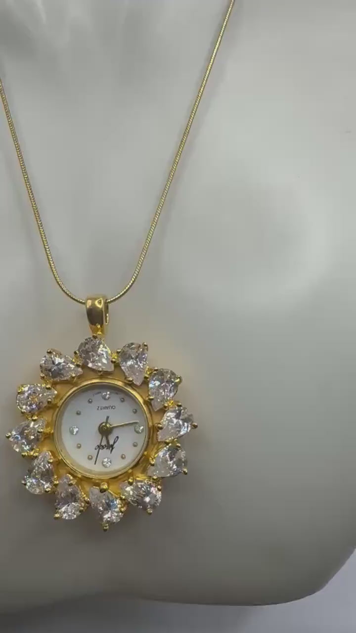 Vintage Watch Necklace 925 Sterling Silver Genuine Gemstone Antique Pendant