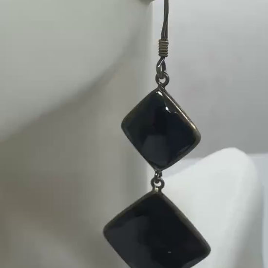 Vintage Black Earring Onyx 925 Sterling Silver Deco Dangle Chandelier