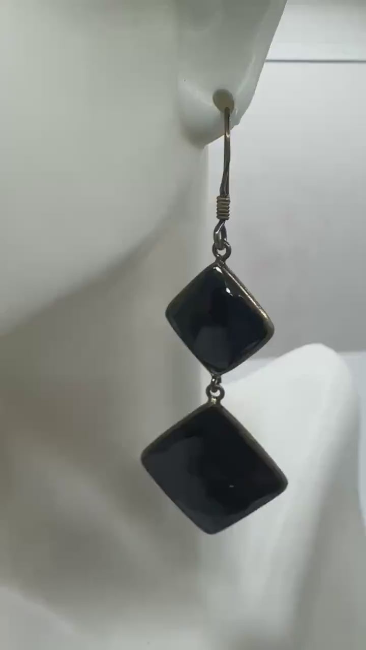 Vintage Black Earring Onyx 925 Sterling Silver Deco Dangle Chandelier