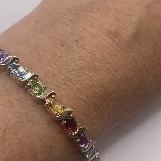 Vintage Mixed Gemstone 925 Sterling Silver Tennis Bracelet