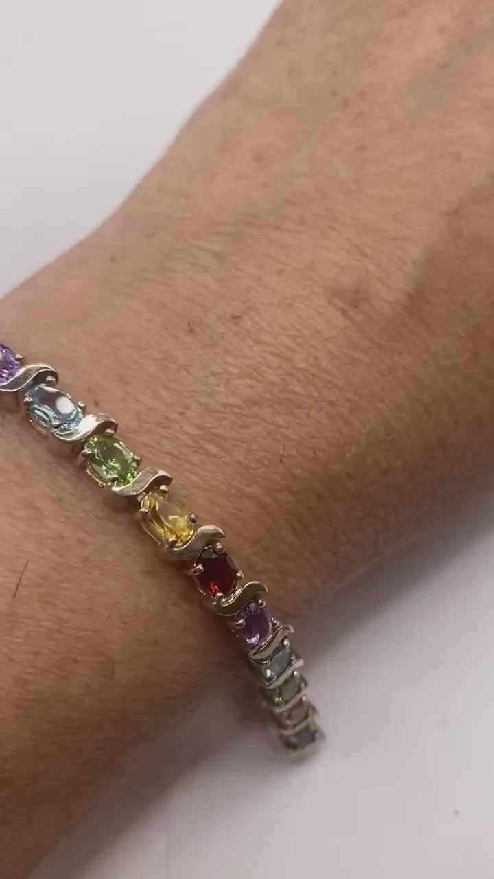 Vintage Mixed Gemstone 925 Sterling Silver Tennis Bracelet
