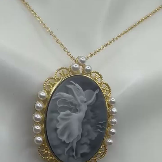 Vintage Carved Cameo  Yellow Gold 925 Sterling Silver Necklace Choker pin brooch