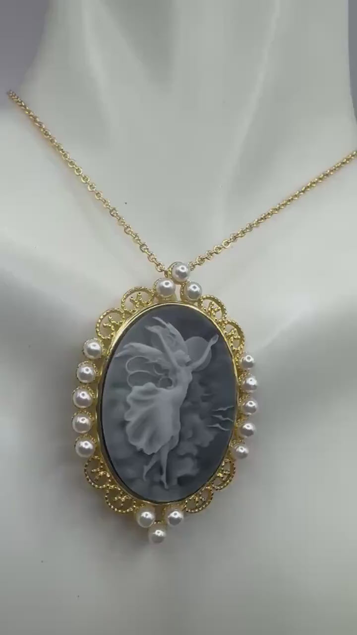 Vintage Carved Cameo  Yellow Gold 925 Sterling Silver Necklace Choker pin brooch