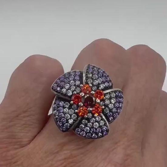 Vintage Purple Amethyst Garnet Flower Ring 925 Sterling Silver