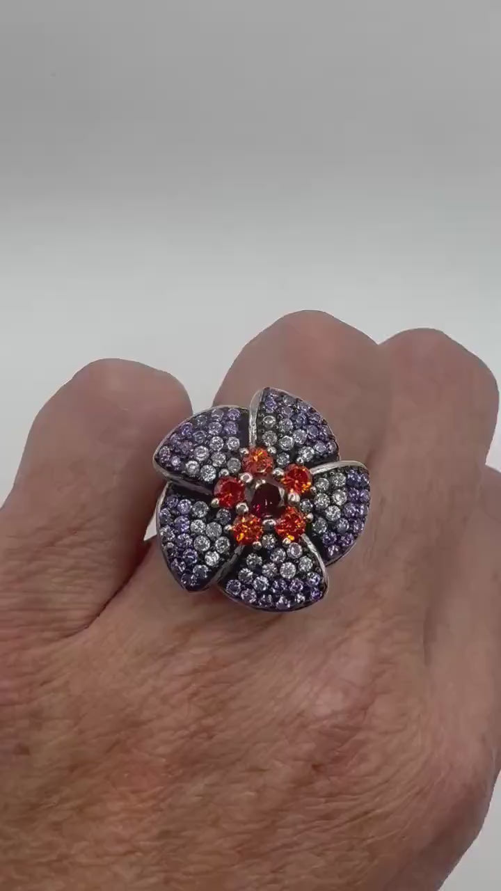Vintage Purple Amethyst Garnet Flower Ring 925 Sterling Silver