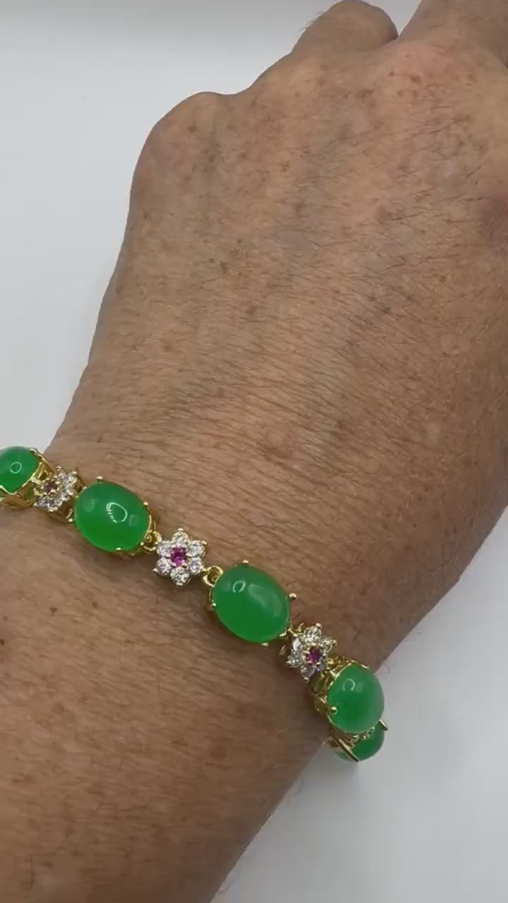 Vintage Green Jade Tennis Bracelet Gold Bronze