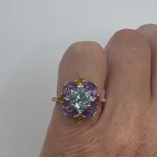 Vintage Blue Topaz and Amethyst Ring 925 Sterling Silver Gothic Cocktail