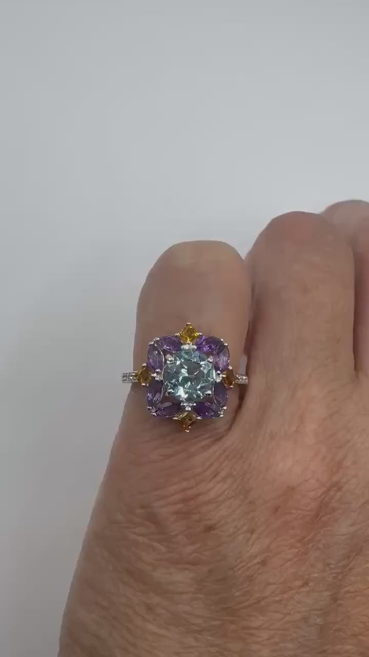 Vintage Blue Topaz and Amethyst Ring 925 Sterling Silver Gothic Cocktail