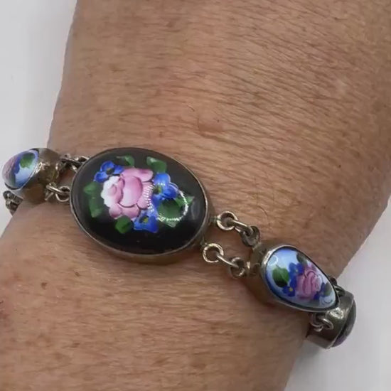 Vintage handpainted flowers porcelain Bracelet 925 Sterling Silver USSR
