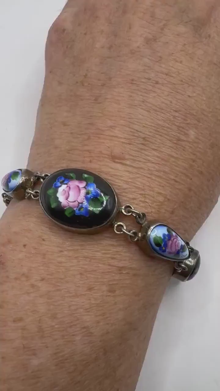 Vintage handpainted flowers porcelain Bracelet 925 Sterling Silver USSR