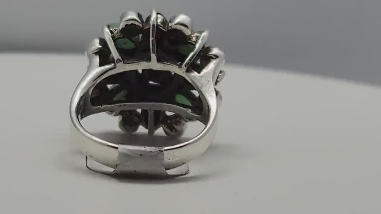 Vintage Emerald and Ruby Ring in 925 Sterling Silver with Marcasite