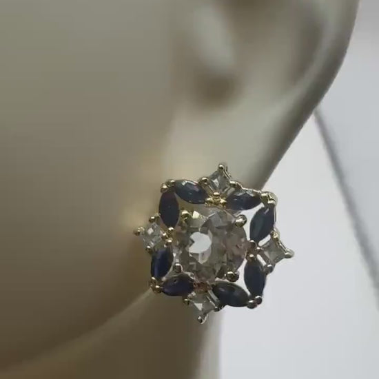 Vintage aquamarine blue sapphire Golden 925 Sterling Silver Post Earrings