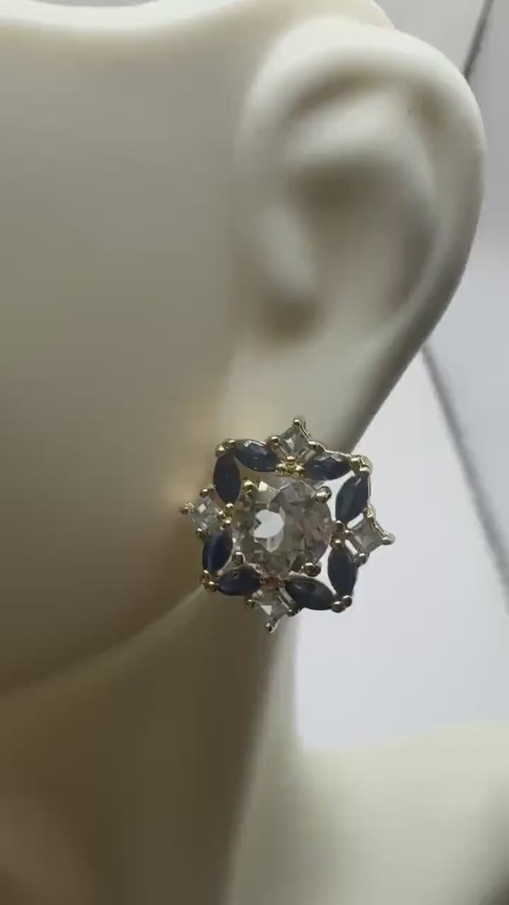 Vintage aquamarine blue sapphire Golden 925 Sterling Silver Post Earrings