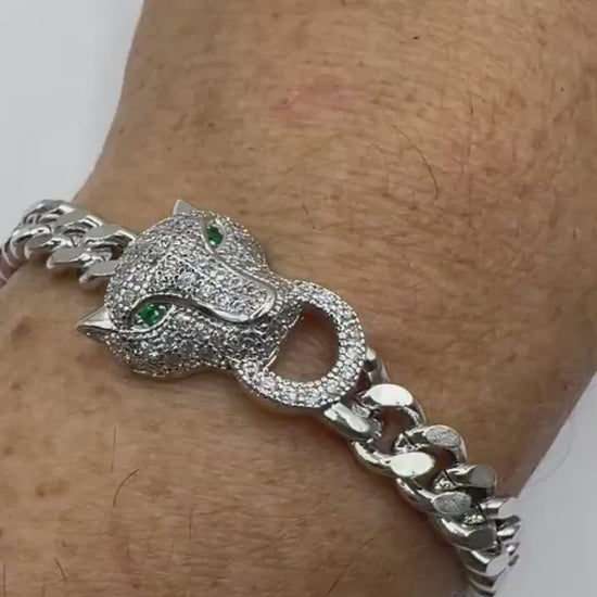 Vintage Cougar Cat Bracelet White Gold filled Green Crystal Eyes