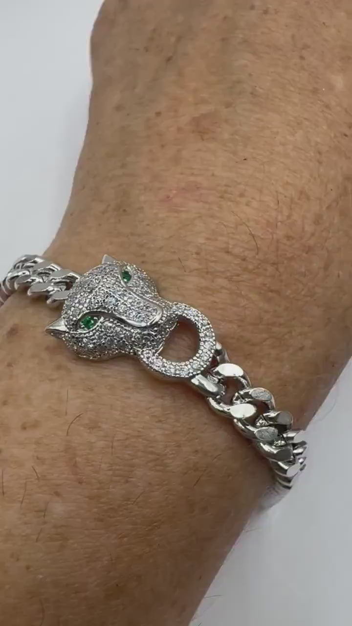 Vintage Cougar Cat Bracelet White Gold filled Green Crystal Eyes