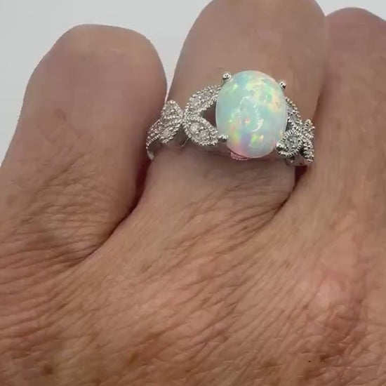 Vintage White Fire Opal Ring 925 Sterling Silver Rhodium