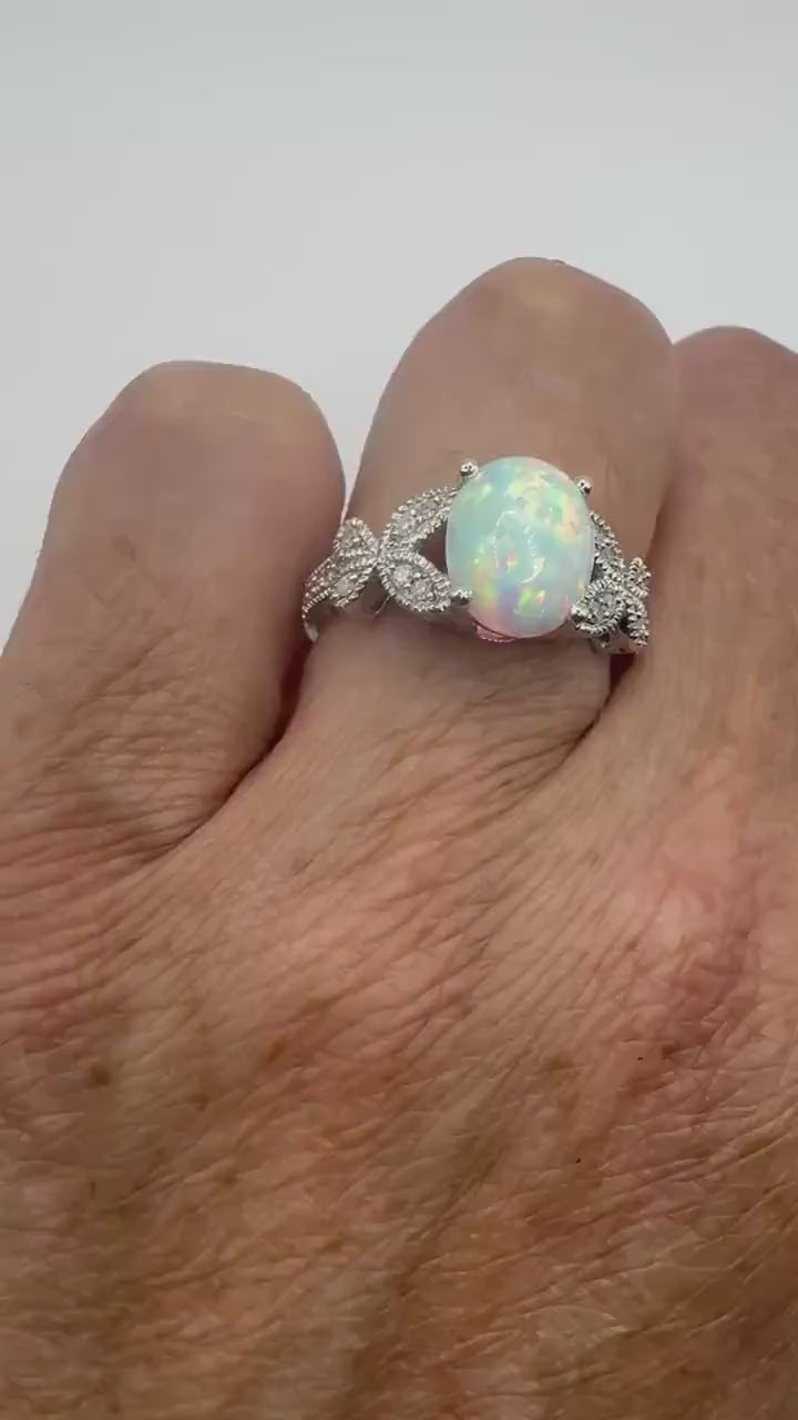 Vintage White Fire Opal Ring 925 Sterling Silver Rhodium