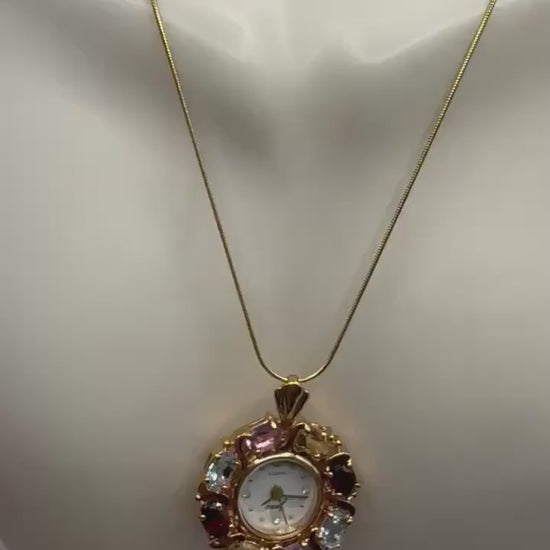 Vintage Watch Necklace Golden 925 Sterling Silver Genuine Blue Topaz Sapphire Antique Pendant