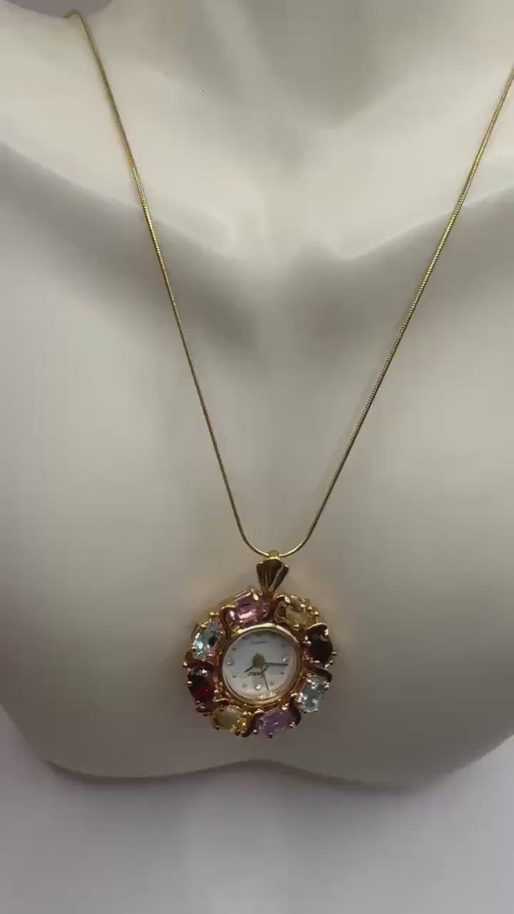 Vintage Watch Necklace Golden 925 Sterling Silver Genuine Blue Topaz Sapphire Antique Pendant