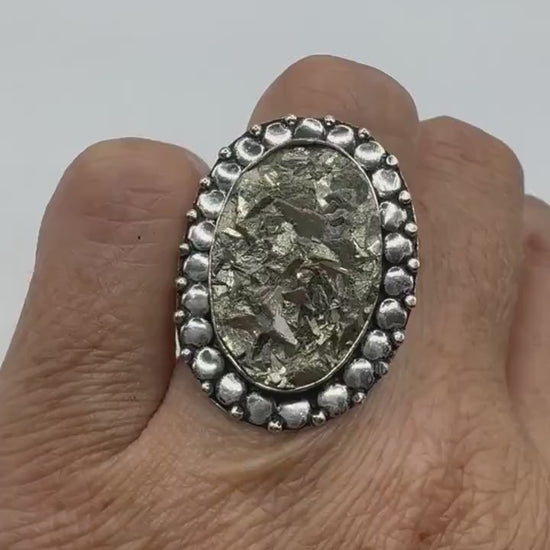 Vintage Gold Pyrite Silver Cocktail Ring Size 8