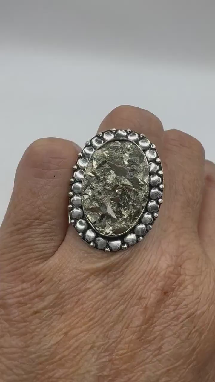 Vintage Gold Pyrite Silver Cocktail Ring Size 8