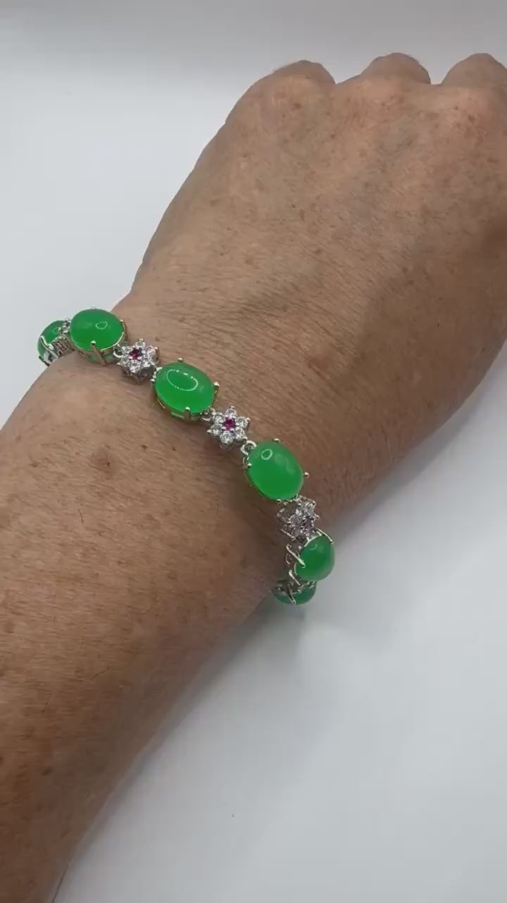 Vintage Green Jade Tennis Bracelet Gold Bronze