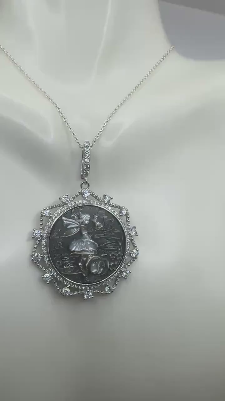 Vintage Fairy Genuine Abalone Cameo Sterling Silver Necklace