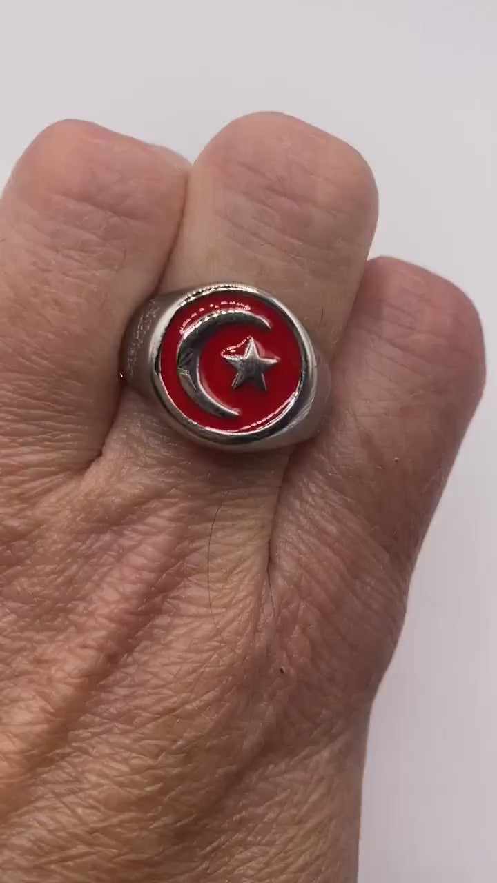 Vintage Silver Stainless Steel Muslim Star Cresant Mens Ring