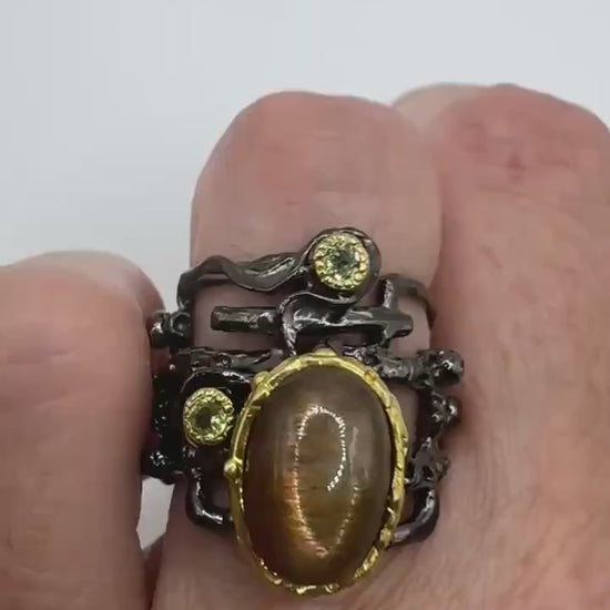 Vintage Golden Sunstone Cocktail Ring 925 Sterling Silver