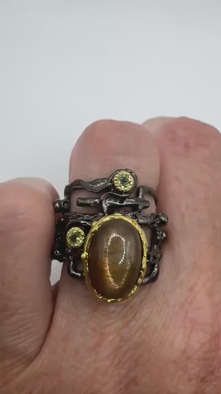 Vintage Golden Sunstone Cocktail Ring 925 Sterling Silver