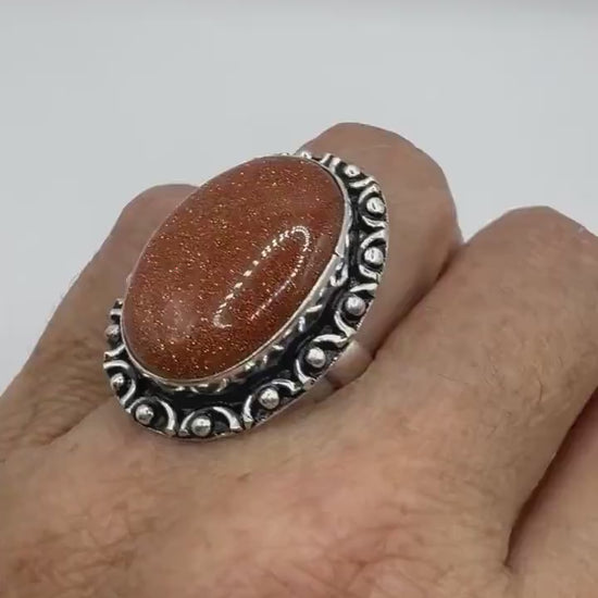 Vintage Handmade Boho Statement Golden Sandstone Silver Ring 7.75