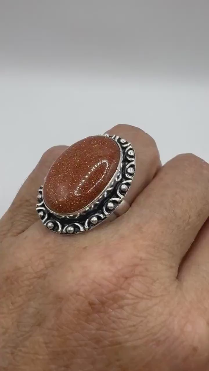 Vintage Handmade Boho Statement Golden Sandstone Silver Ring 7.75