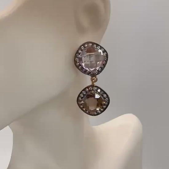 Vintage Rose Quartz Smoky Topaz Sterling Silver Dangle Earrings