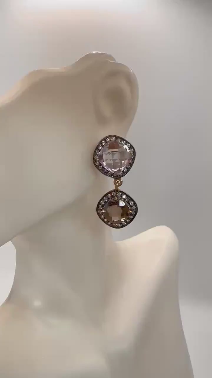 Vintage Rose Quartz Smoky Topaz Sterling Silver Dangle Earrings