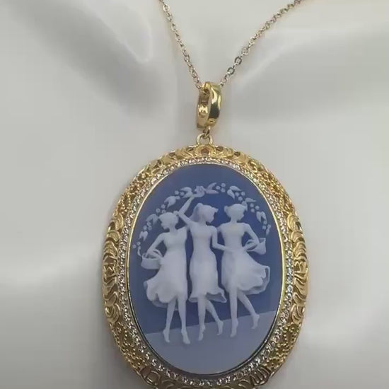 Vintage Genuine Blue Onyx 3 Graces Cameo Golden Sterling Silver Necklace Choker
