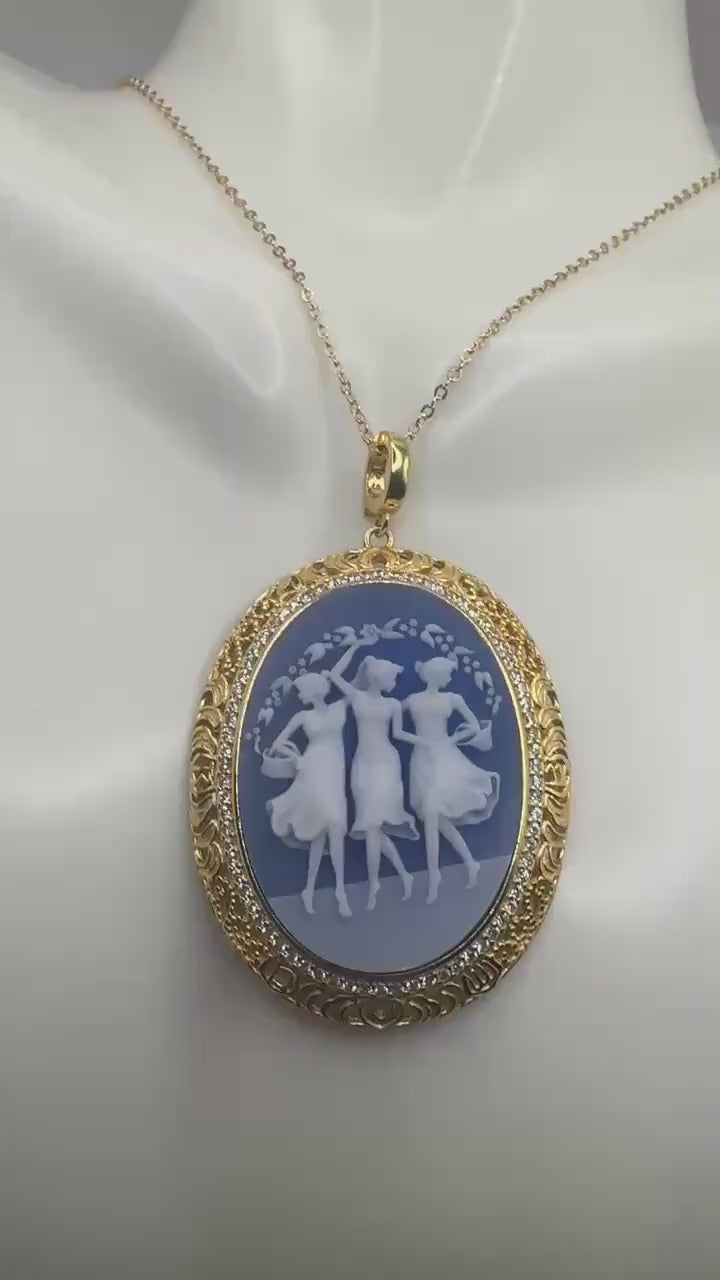 Vintage Genuine Blue Onyx 3 Graces Cameo Golden Sterling Silver Necklace Choker