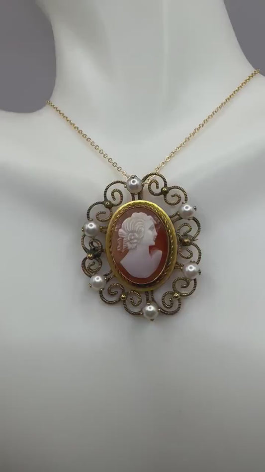 Vintage Shell Cameo Pea Yellow Gold Filled Necklace Choker pin brooch